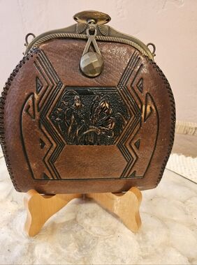 Art Nouveau Deco Tooled Carved Leather Handmade Bag Purse Clutch